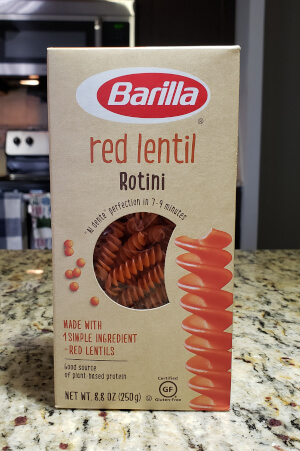 Box of red lentil rotini